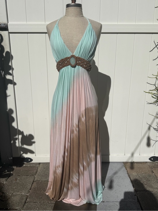 Sky Dresses & Skirts - y2k Bohemian Halter Maxi Dress in Mint, Pink & Brown